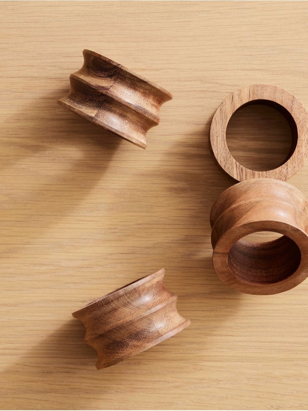 Grooved Wood Napkin Ring Set of 4 - Brown